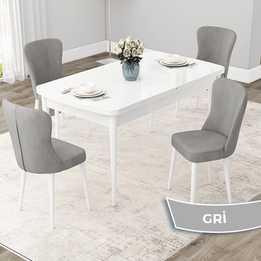 Due Serisi 80x132 Açılabilir Beyaz Masa Takımı Ve 4 Sandalye