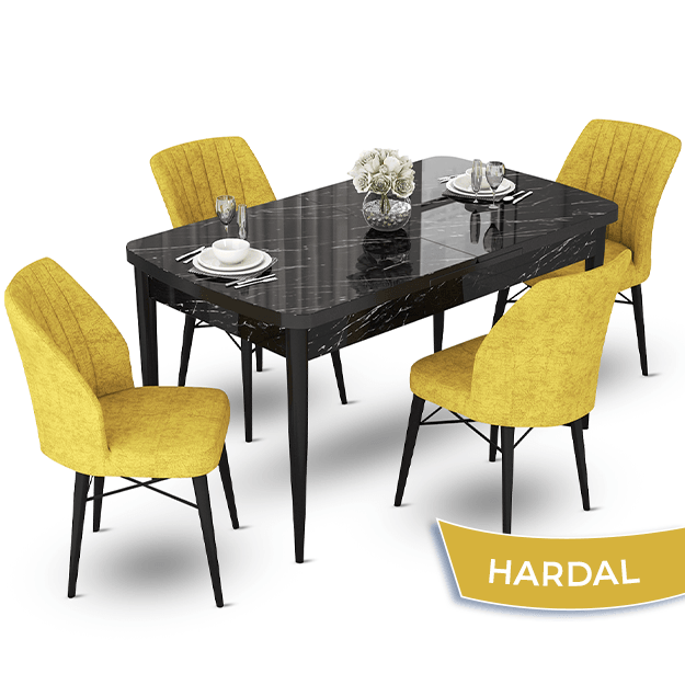 masa siyah mermer desen sandalye hardal sarısı