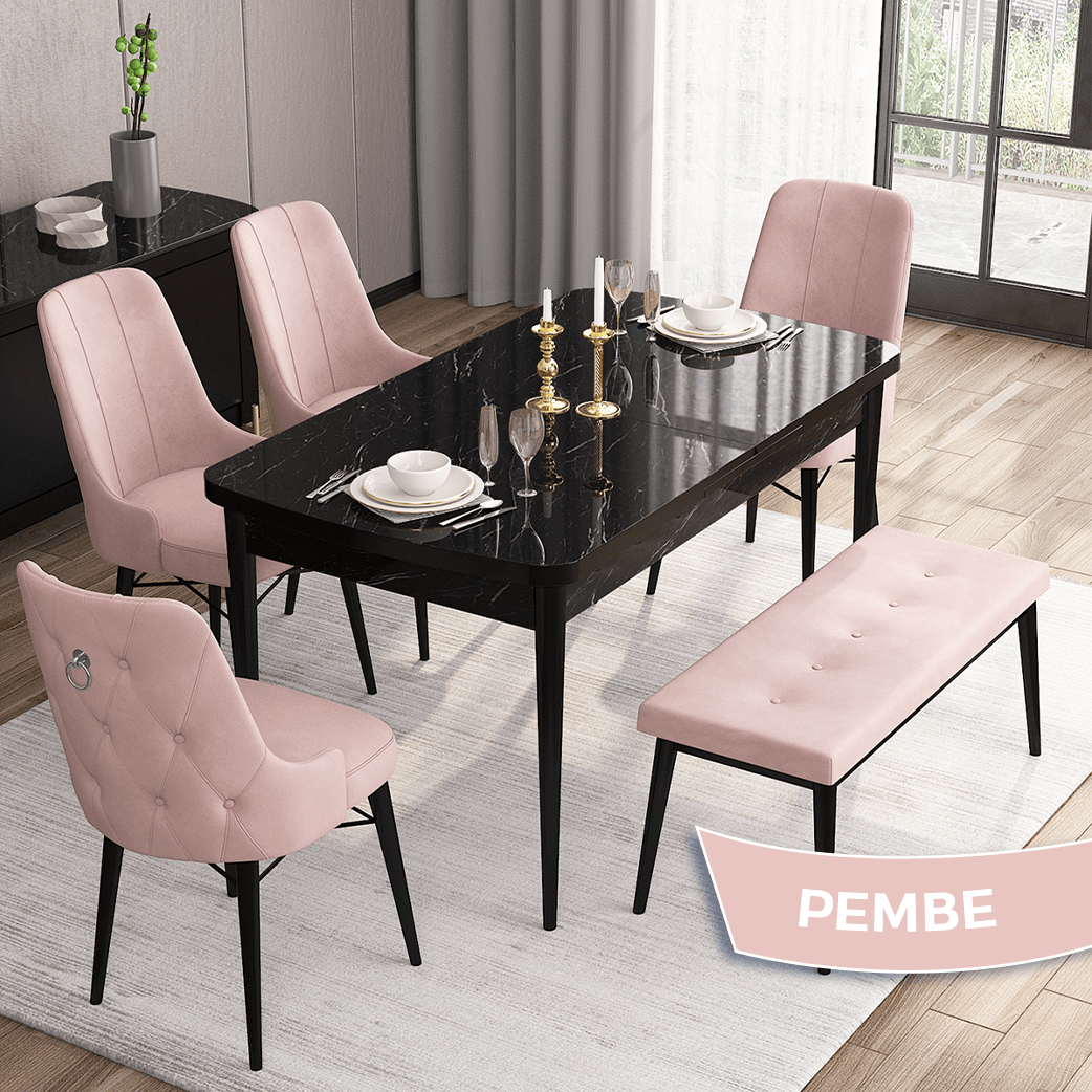 Pembe Sandalye Siyah Mermer Desen Masa