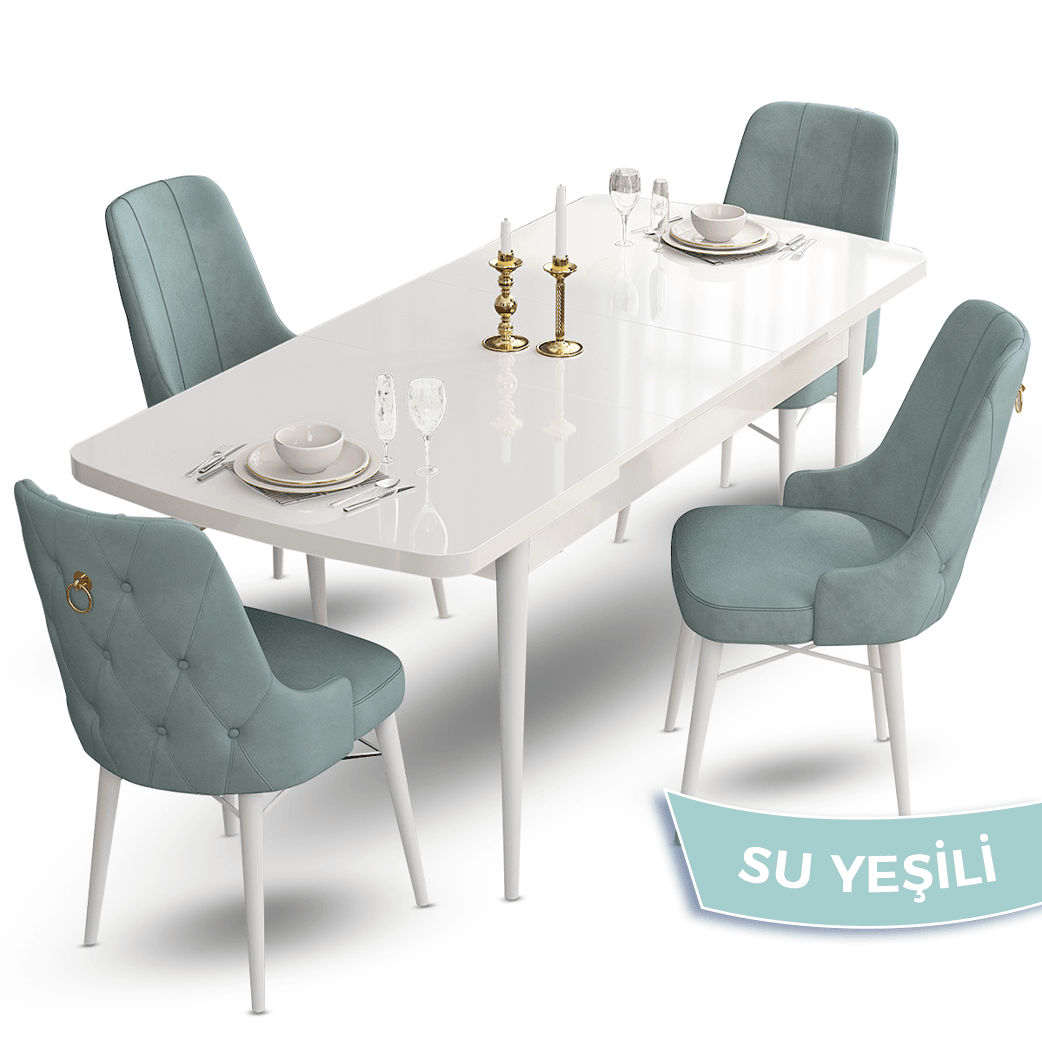 Taç Serisi 80x132 Açılabilir Gold Halka Beyaz Masa Takımı ve 4 Sandalye