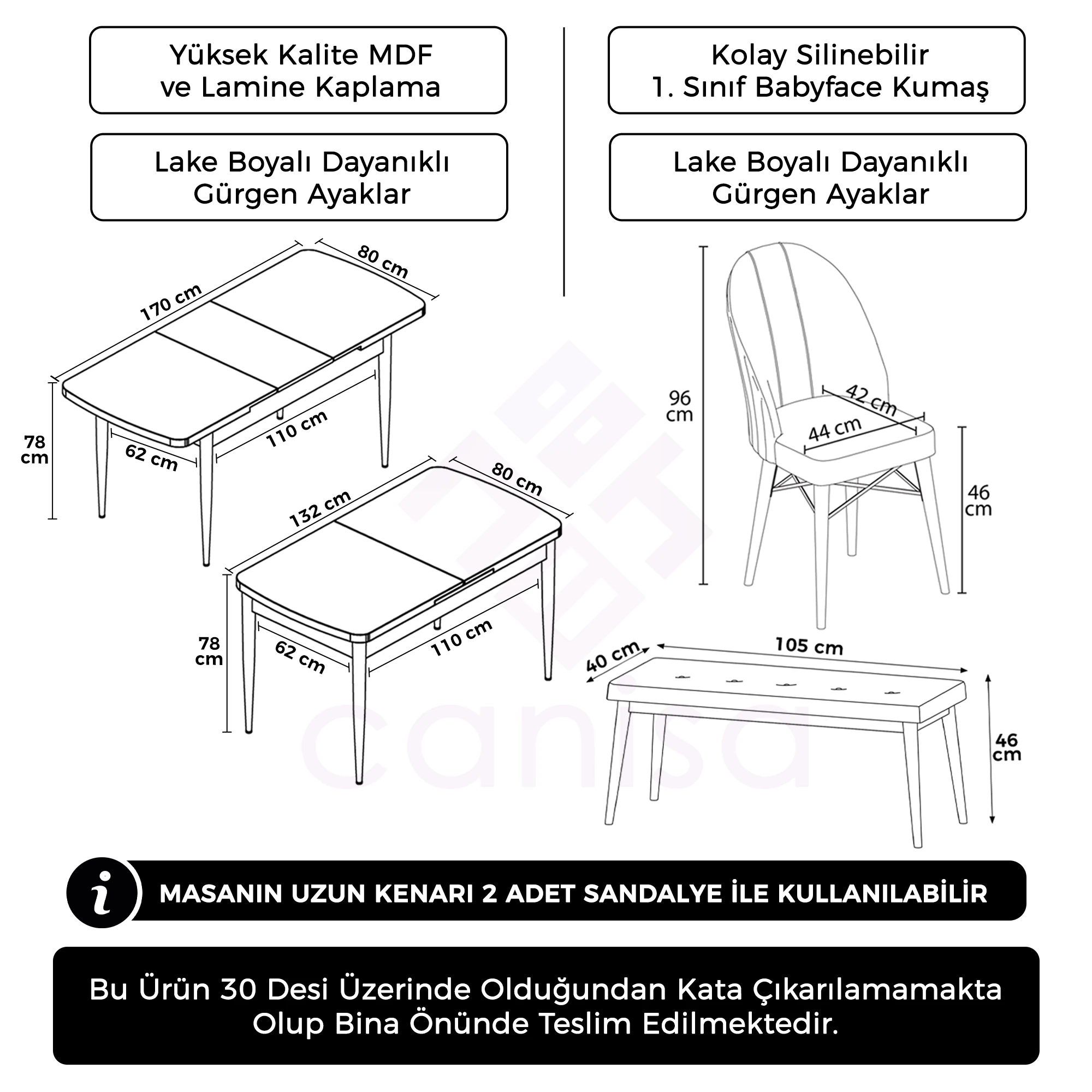 Roz Serisi 80x132 Mdf Açılabilir Gümüş Halka Barok Ahşap Desen Masa Takımı 4 Sandalye Ve 1 Bench