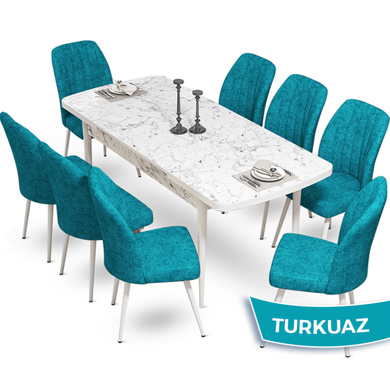 Mun Serisi 80x132 Açılabilir Mdf Beyaz Mermer Desen Masa Takımı Ve 6 Sandalye