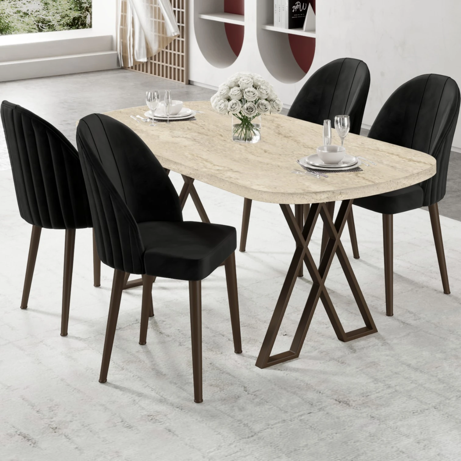 Kaye Serisi Mdf 90x168 Traverten Mutfak Masası Takımı 4 Sandalye