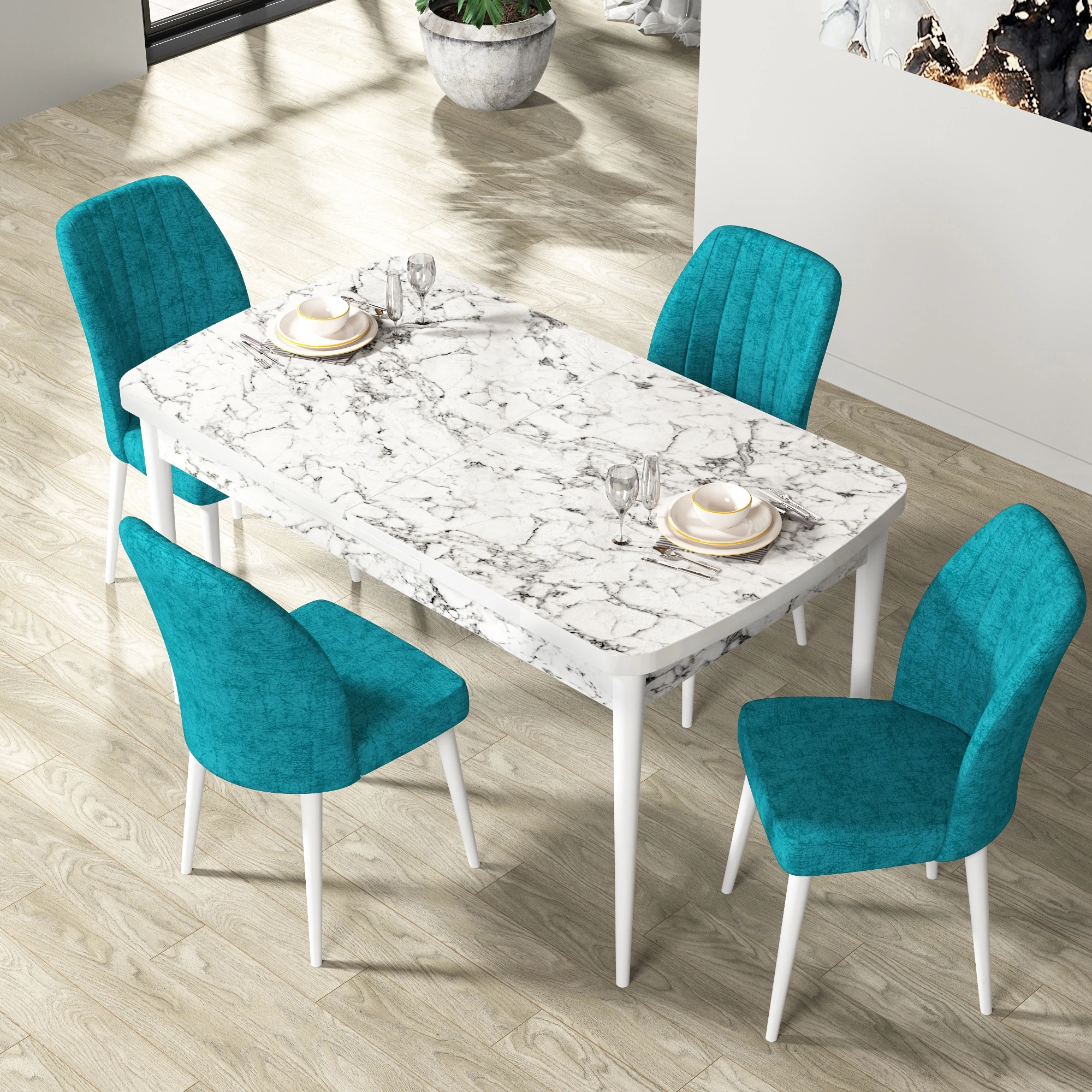 masa beyaz mermer sandalye turkuaz