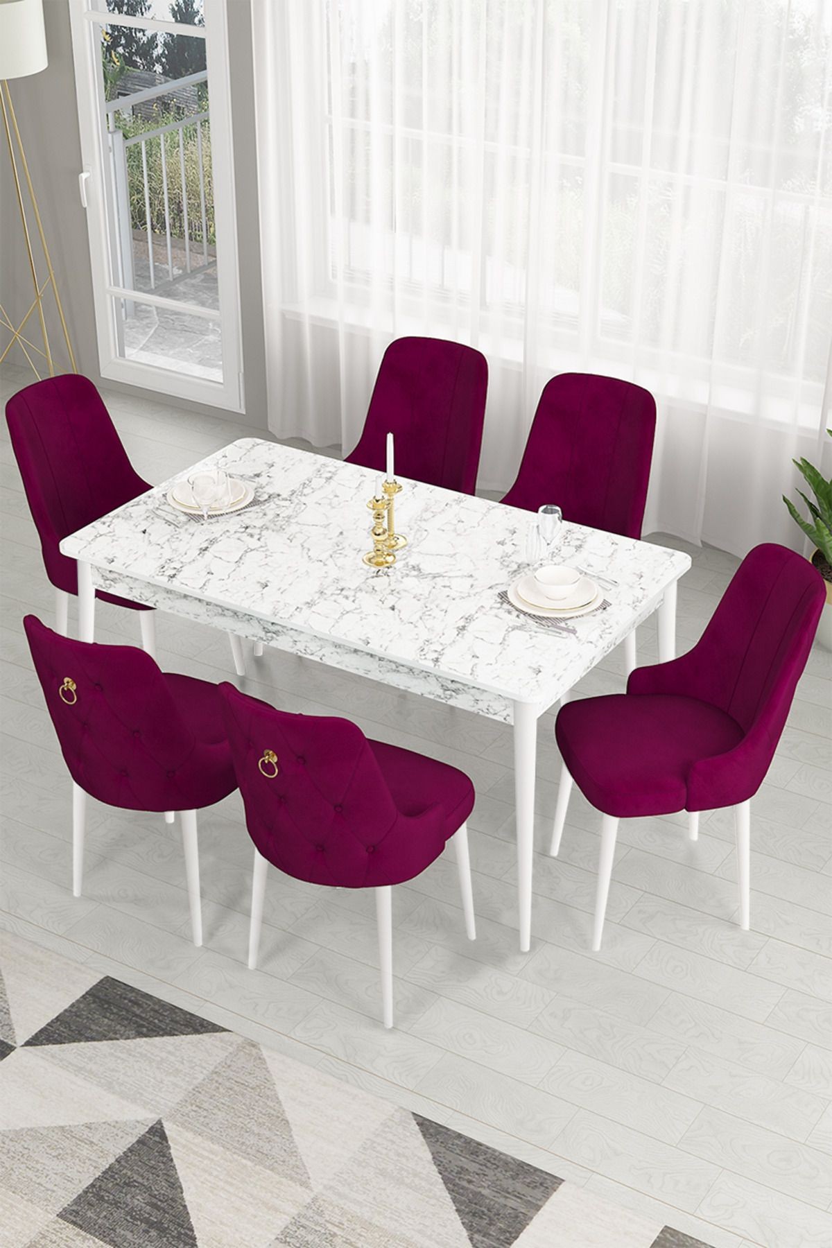Lav Serisi 80x130 Sabit Beyaz Mermer Desen Masa Takımı Ve 6 Sandalye