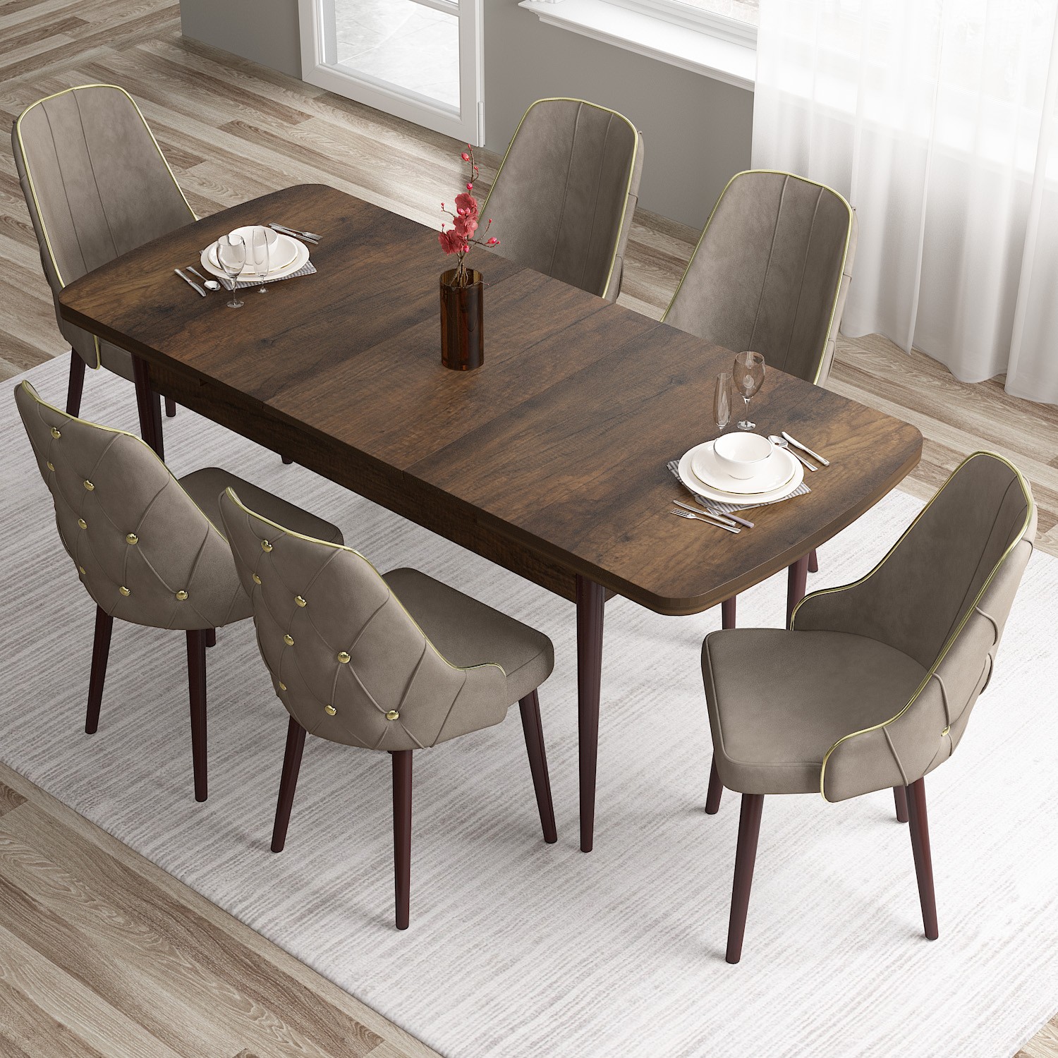Tia Serisi 80x132 Mdf Açılabilir Gold Detay Barok Ahşap Desen Masa Takımı Ve 6 Sandalye