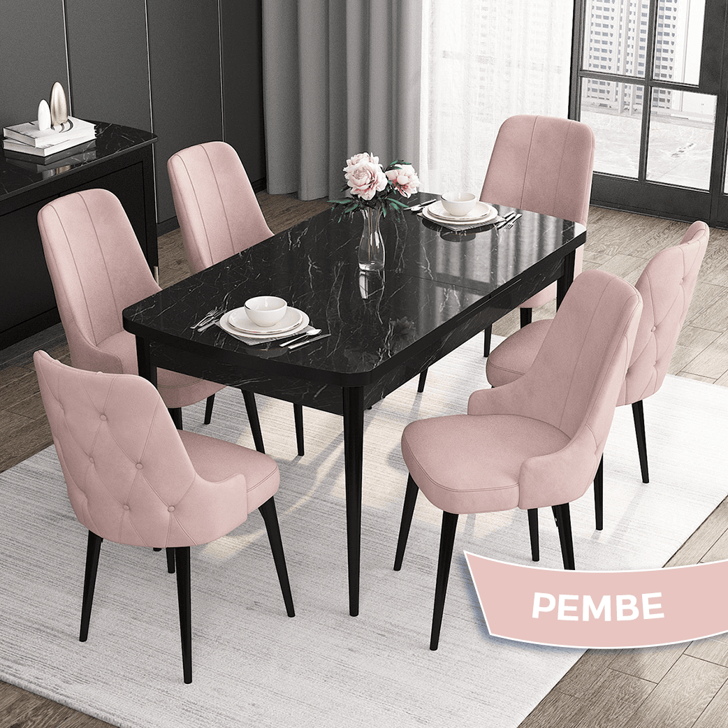Pembe Sandalye Siyah Mermer Desen Masa