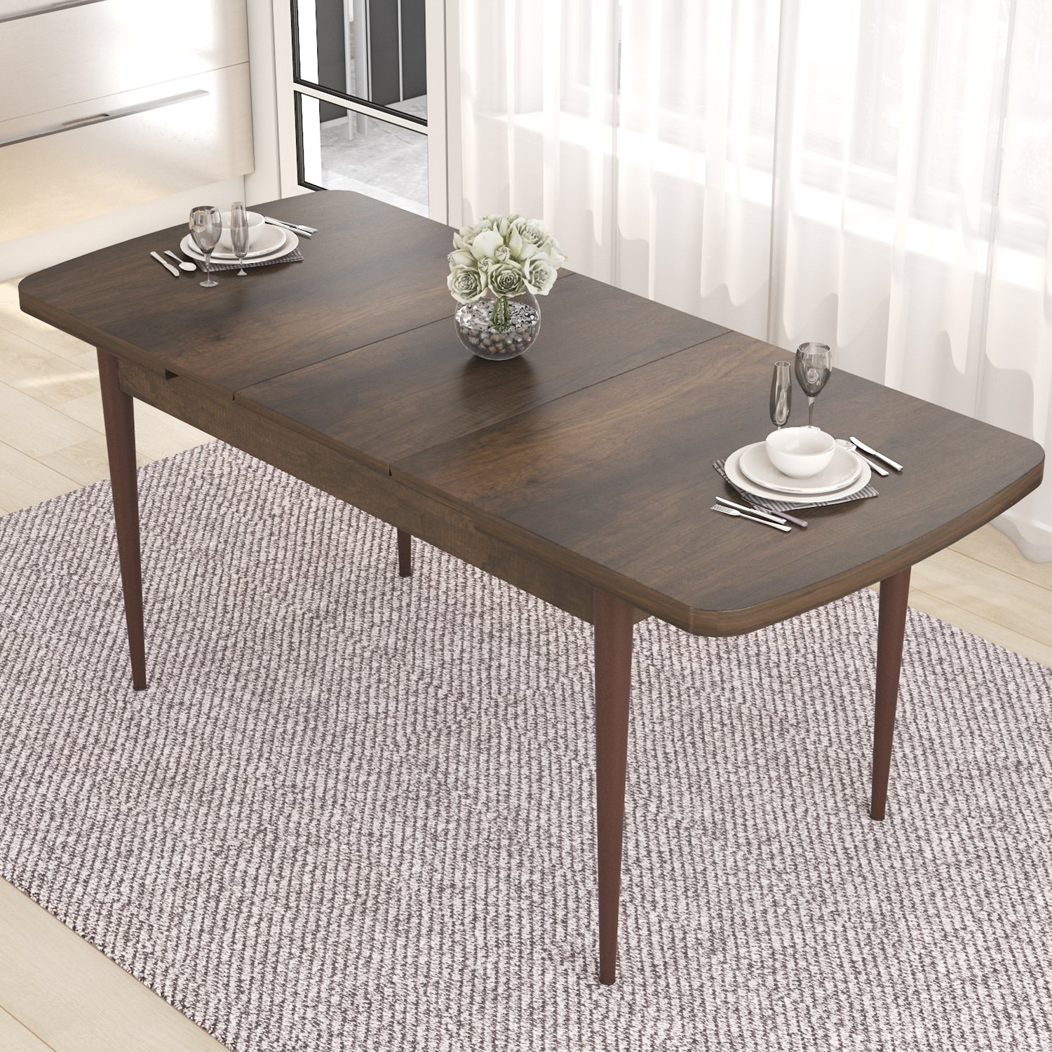 Taç Serisi 80x132 Açılabilir Gümüş Halka Barok Ahşap Desen Masa Takımı ve 4 Sandalye