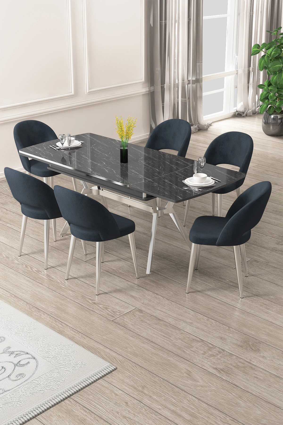 Weps Serisi 89x150 Açılabilir Lak Panel Siyah Mermer Desen Krom Ayak Masa Takımı ve 6 Sandalye