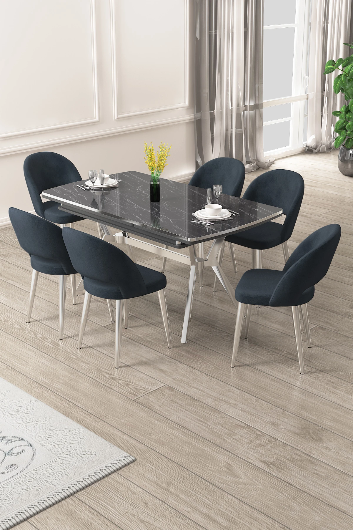 Weps Serisi 89x150 Açılabilir Lak Panel Siyah Mermer Desen Krom Ayak Masa Takımı ve 6 Sandalye