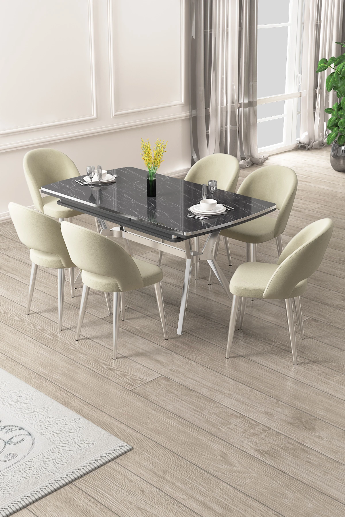 Masa Siyah Mermer Desen Sandalye Krem