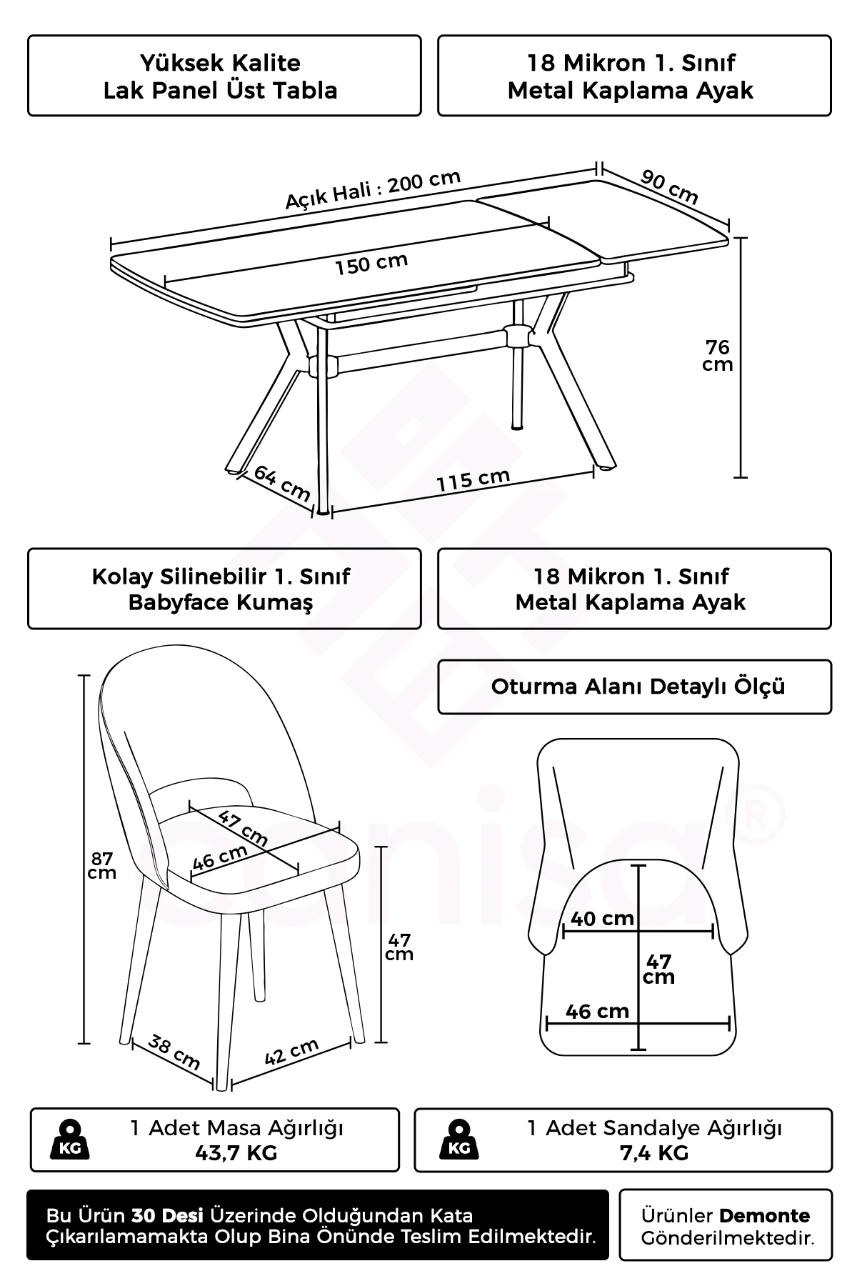 Weps Serisi 89x150 Açılabilir Lak Panel Siyah Mermer Desen Krom Ayak Masa Takımı ve 6 Sandalye