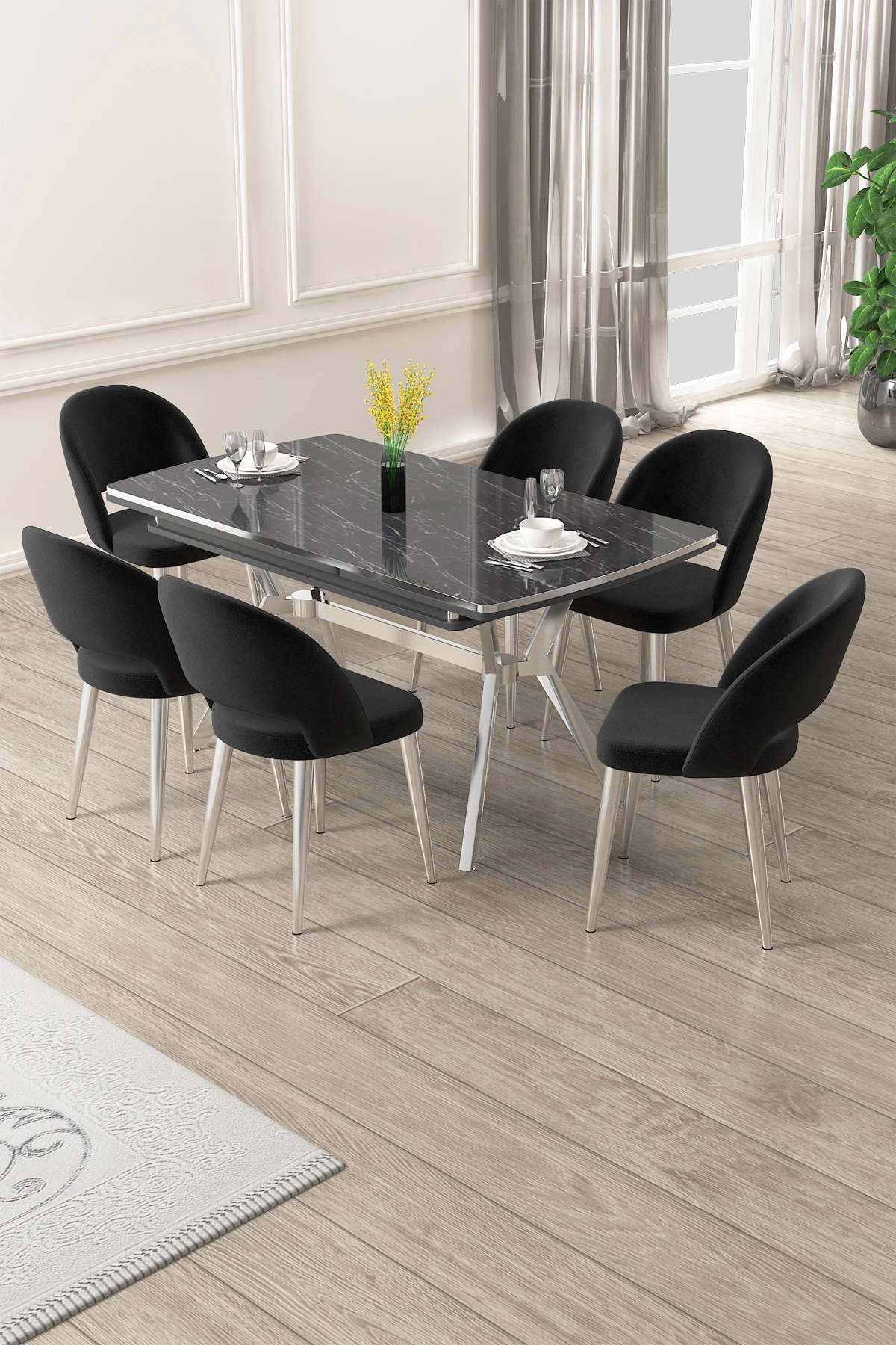 Masa Siyah Mermer Desen Sandalye Siyah