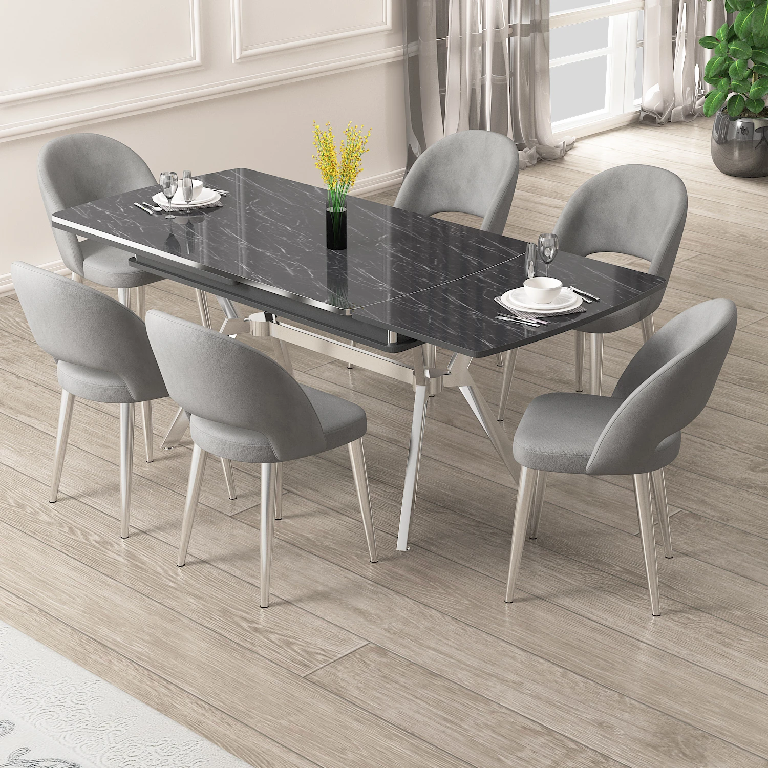 Masa Siyah Mermer Desen Sandalye Gri