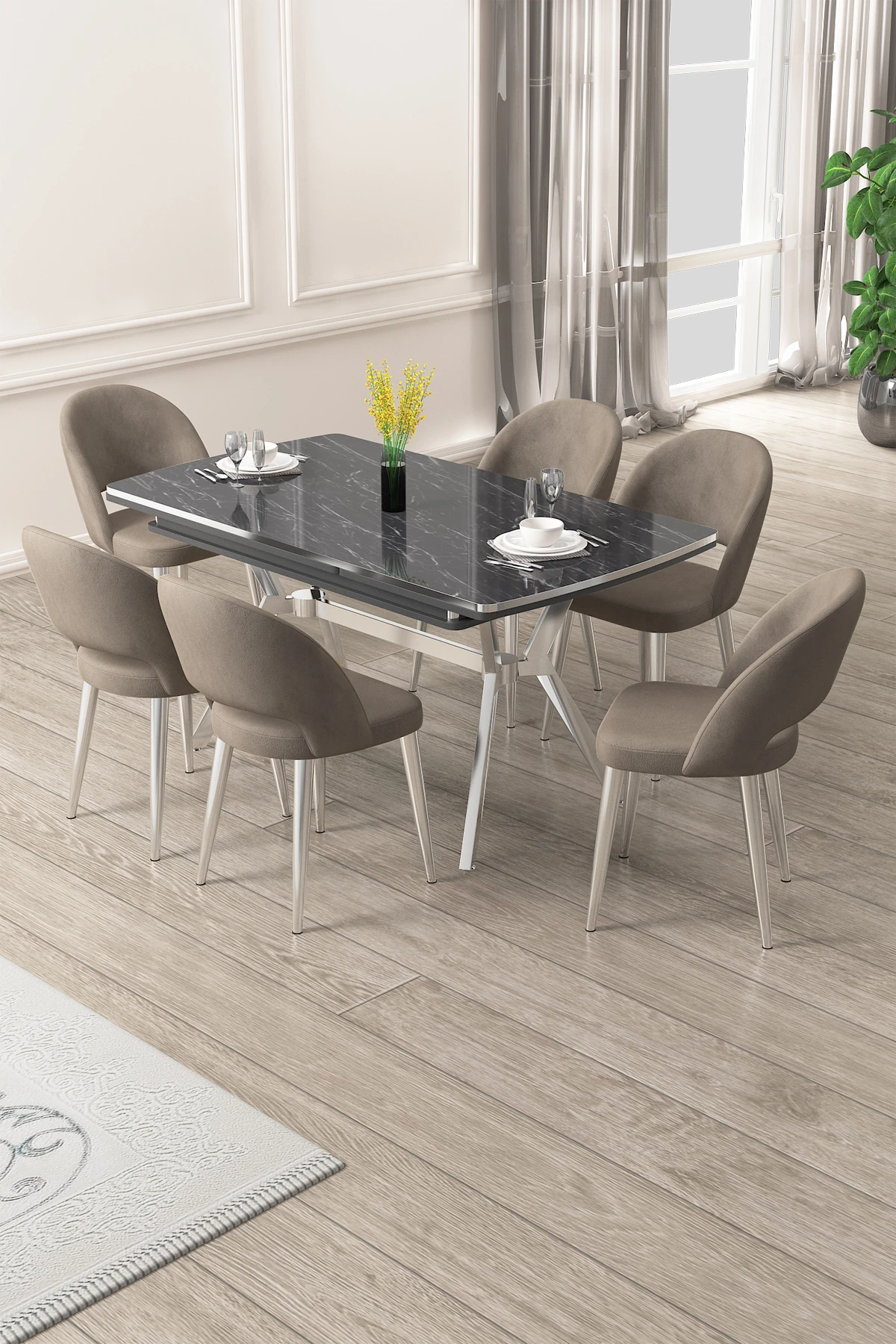 Masa Siyah Mermer Desen Sandalye Cappucino