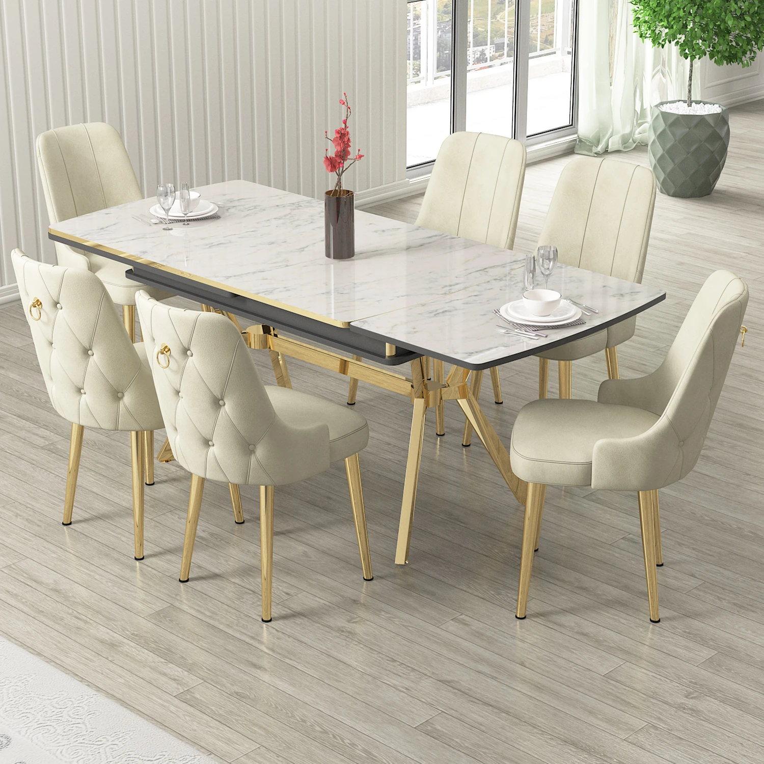 Krem Sandalye Beyaz Mermer Desen Masa