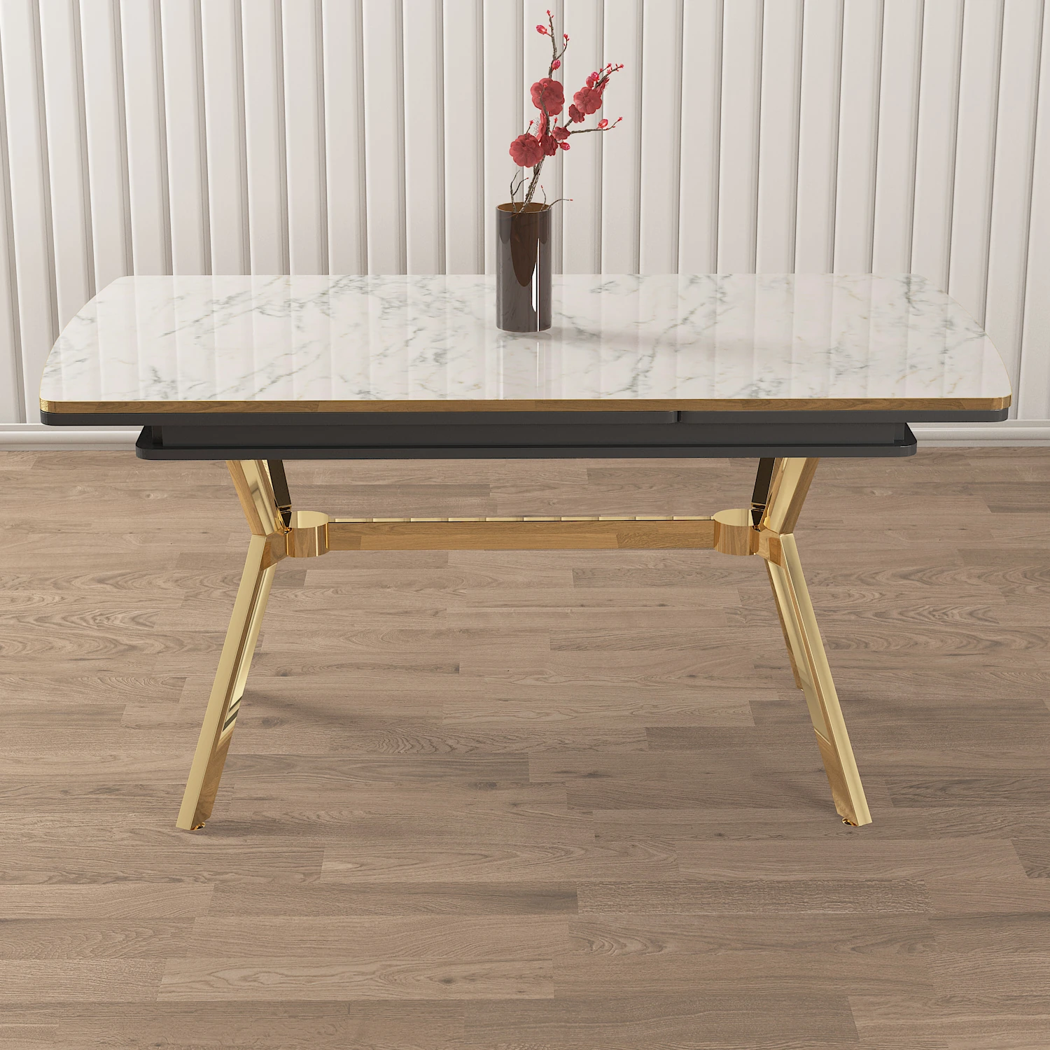 Nis Serisi 89x150 Açılabilir Lak Panel Beyaz Mermer Desen Masa Takımı 6 Sandalye