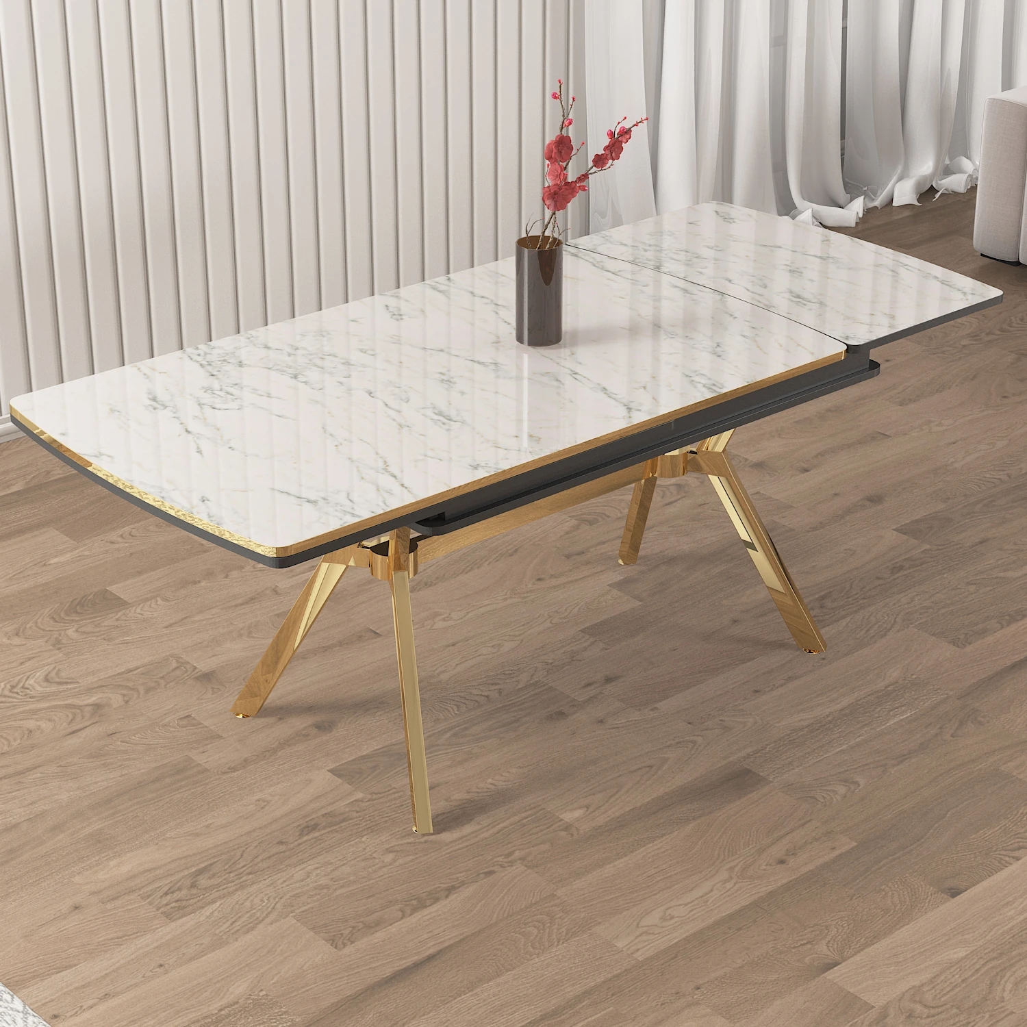 Nis Serisi 89x150 Açılabilir Lak Panel Beyaz Mermer Desen Masa Takımı 6 Sandalye