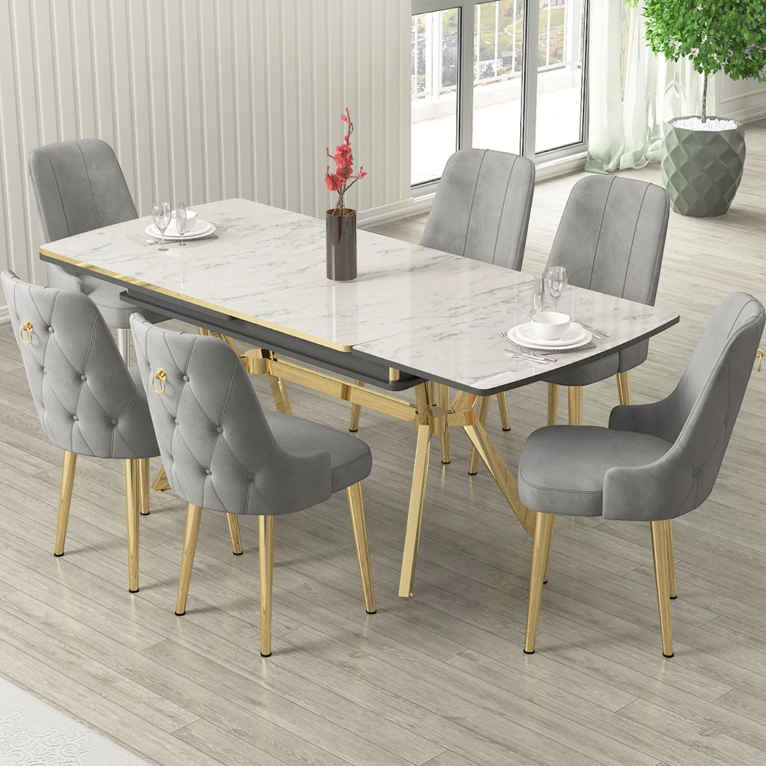 Nis Serisi 89x150 Açılabilir Lak Panel Beyaz Mermer Desen Masa Takımı 6 Sandalye