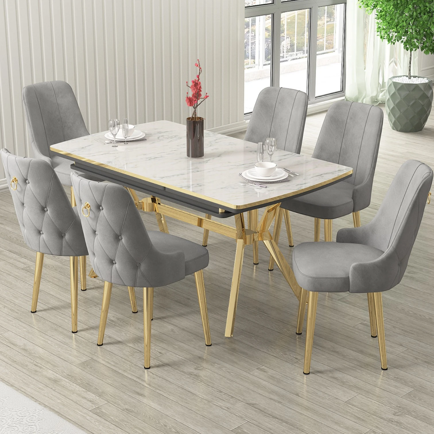 Nis Serisi 89x150 Açılabilir Lak Panel Beyaz Mermer Desen Masa Takımı 6 Sandalye