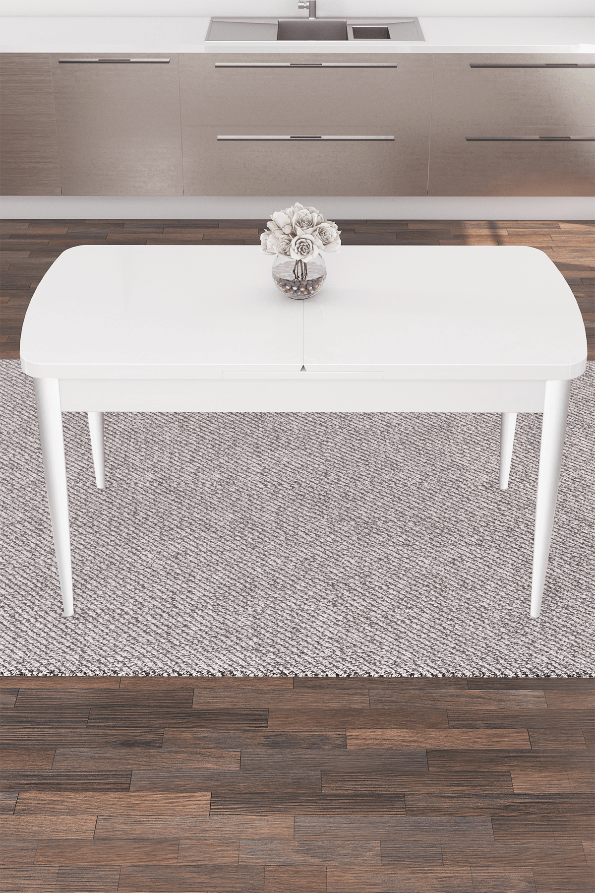 Nex Serisi 80x132 Mdf Açılabilir Gümüş Halka Beyaz Masa Takımı Ve 4 Sandalye