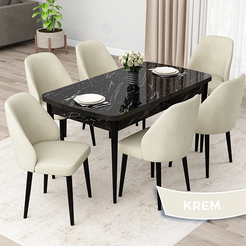 Orf Serisi 80x132 Açılabilir Siyah Mermer Desen Masa Takımı Ve 6 Sandalye