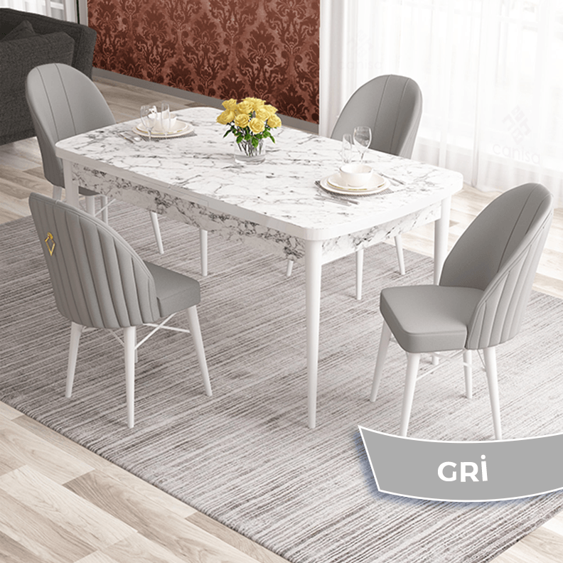 Elf Serisi 80x132 Açılabilir Beyaz Mermer Desen Masa Takımı ve 4 Sandalye