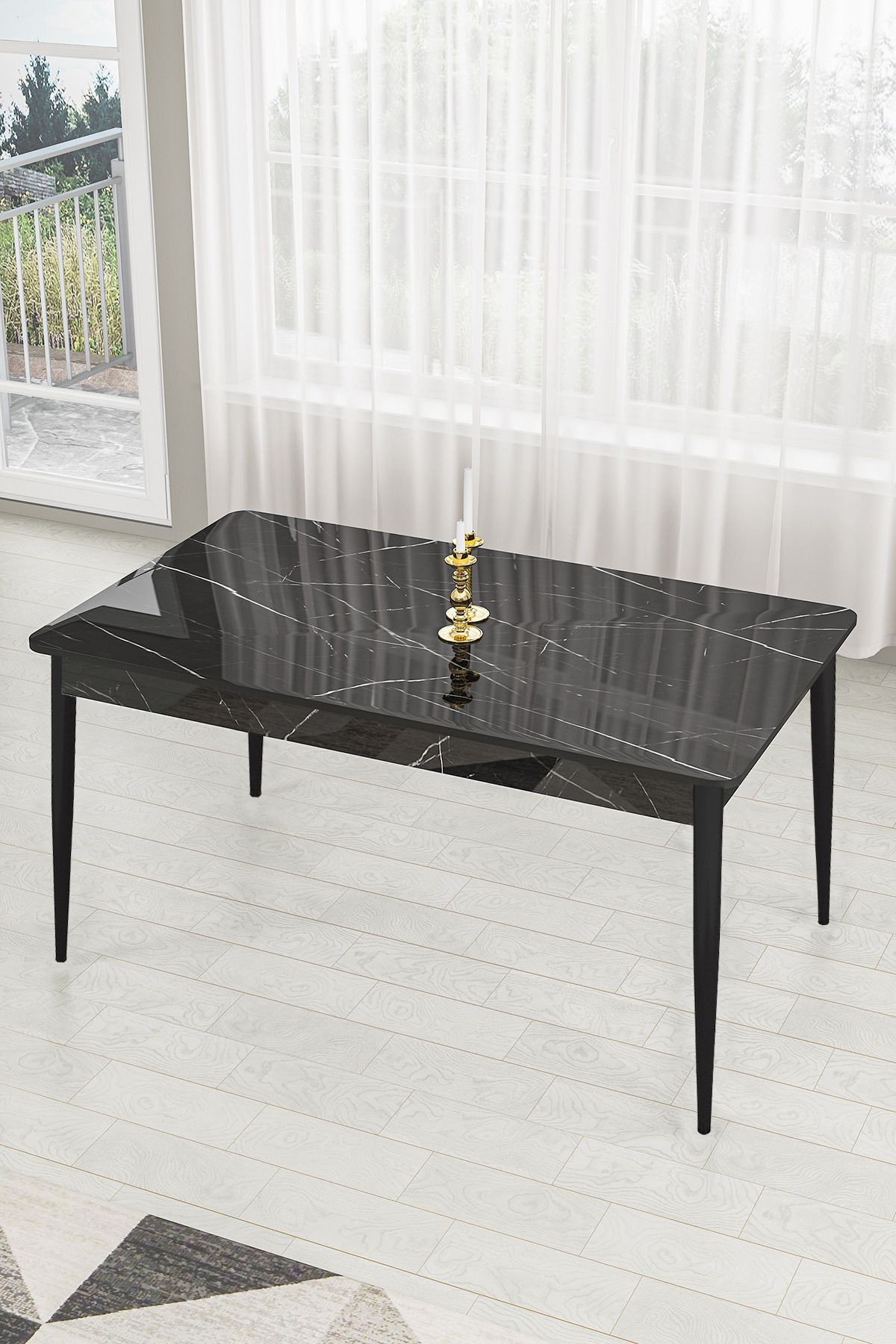 Lav Serisi 80x130 Sabit Siyah Mermer Desen Masa Takımı 4 Sandalye Ve 1 Bench