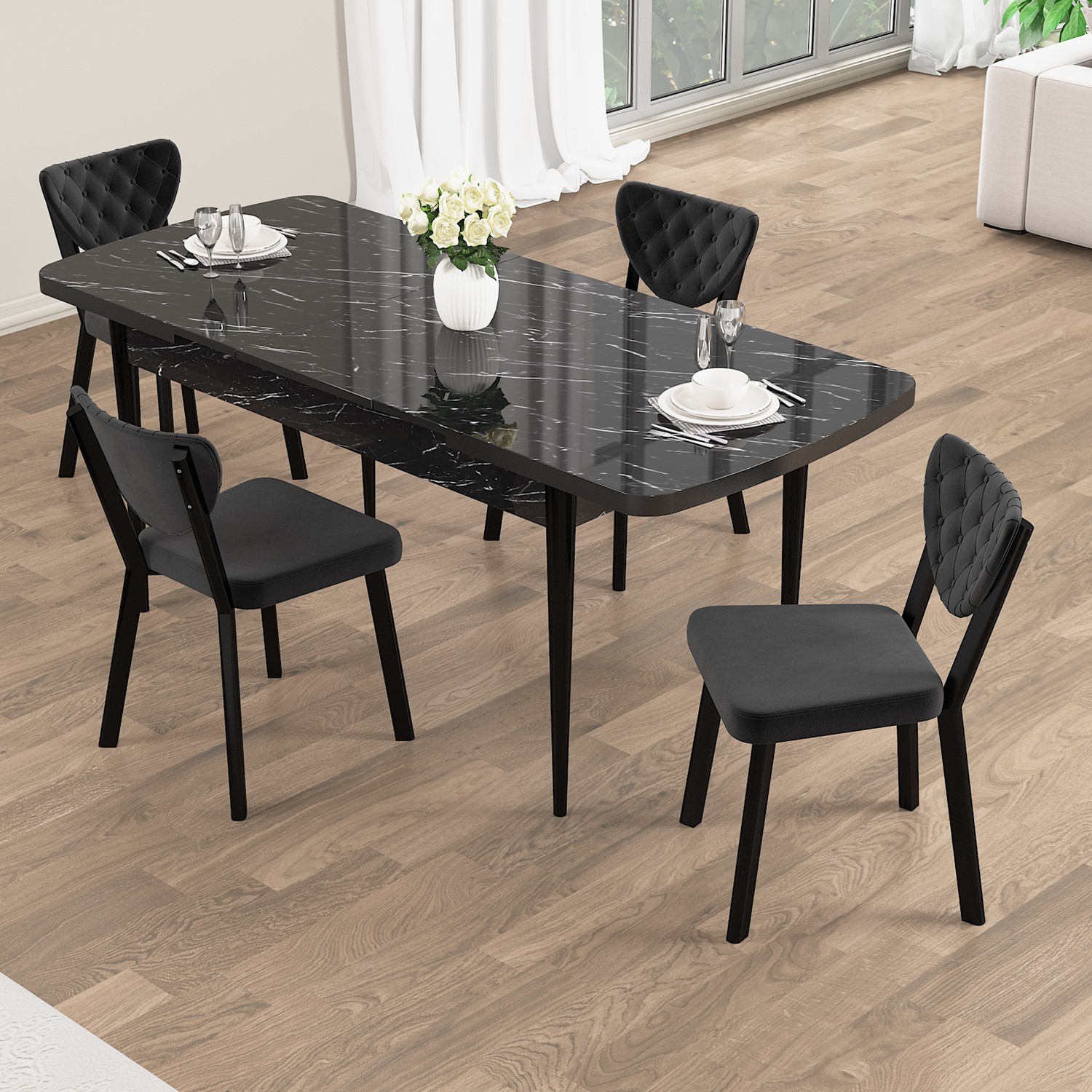Rim Serisi 80x132 Açılabilir Siyah Mermer Desen Mutfak Masası Takımı Ve 4 Sandalye