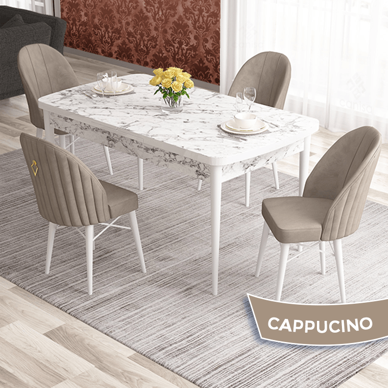 masa beyaz mermer desen sandalye cappucino