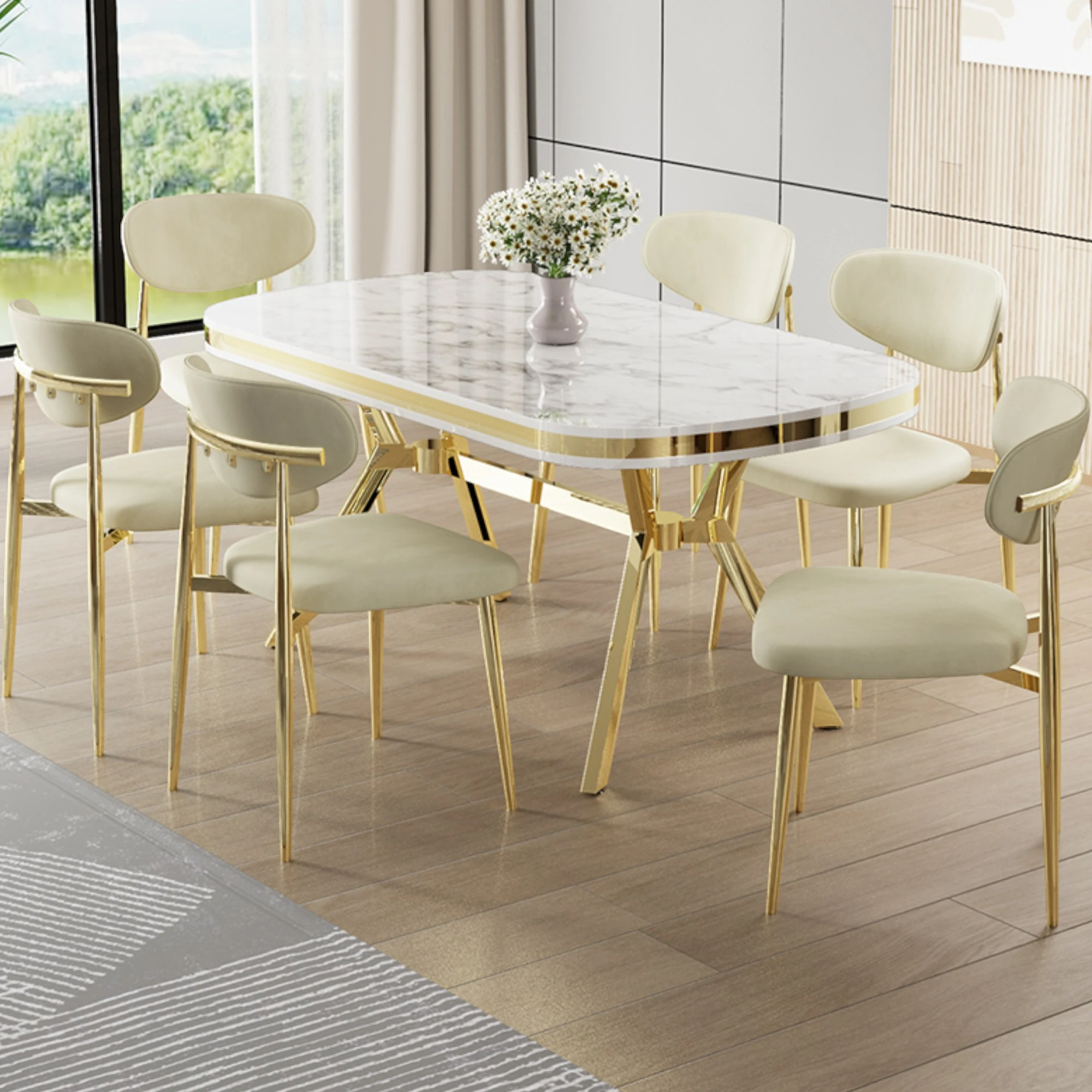 Beyaz Mermer Desen Masa Krem Sandalye Ayaklar Gold