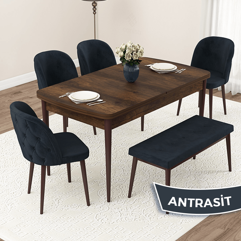 Jae Serisi 80x132 Açılabilir Barok Ahşap Desen Masa Takımı 4 Sandalye Ve 1 Bench