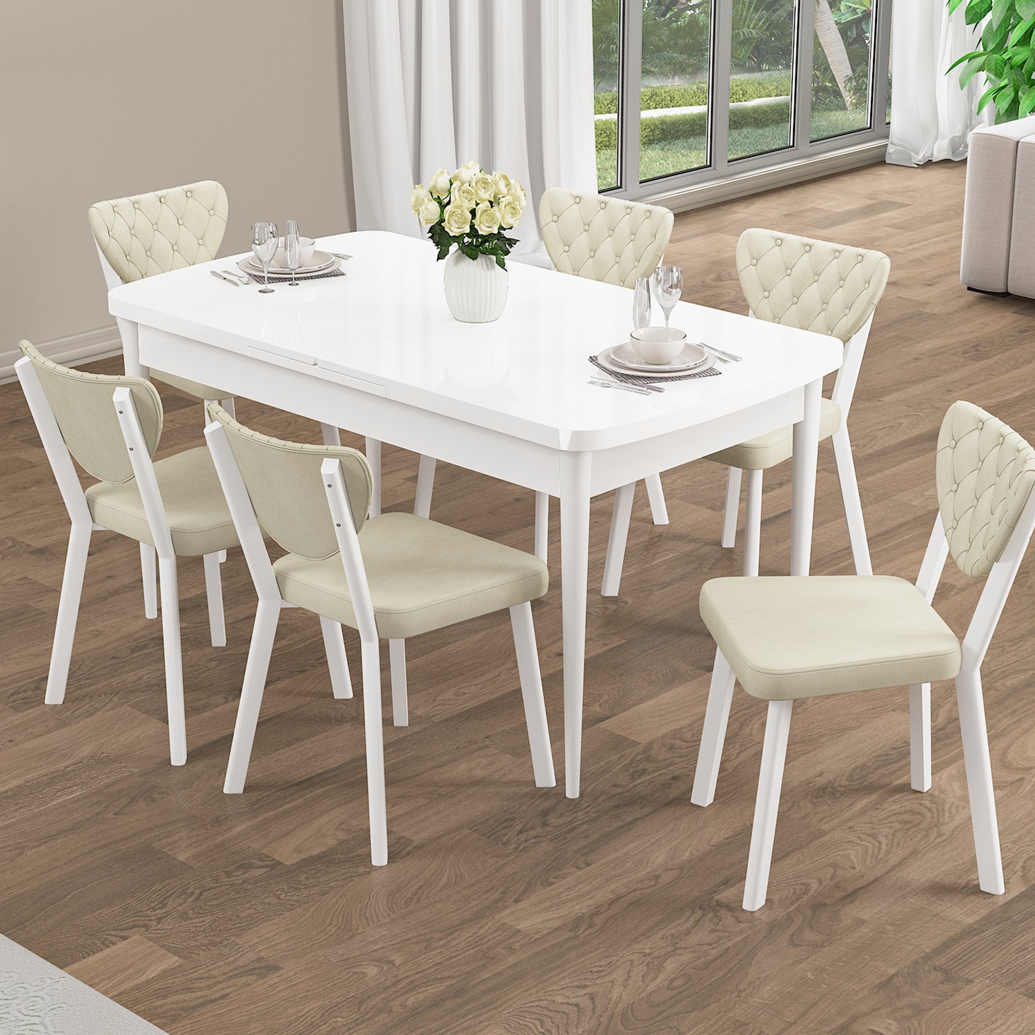 Rim Serisi 80x132 Açılabilir Beyaz Mutfak Masası Takımı Ve 6 Sandalye