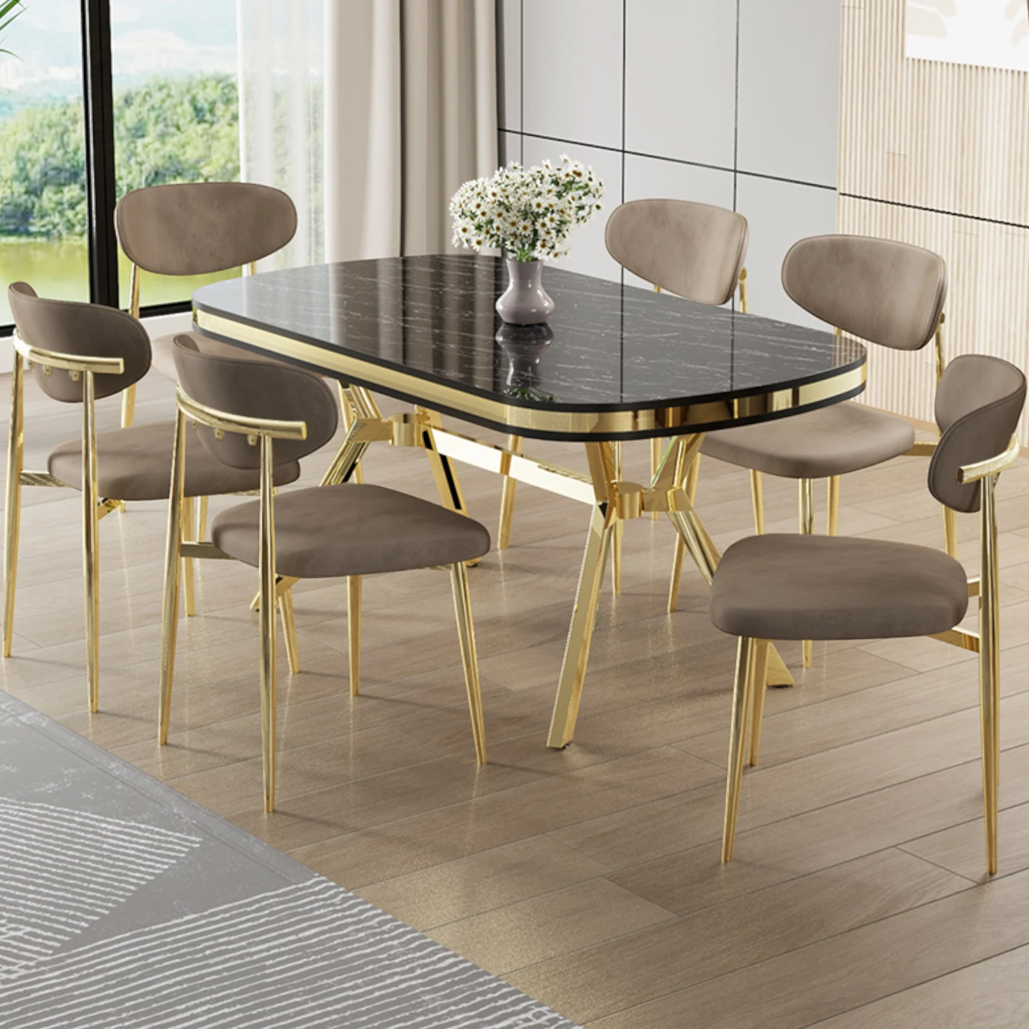 Olya Serisi 90x168 Lak Panel Sonata Masa Takımı Gold Ayaklı 6 Sandalye