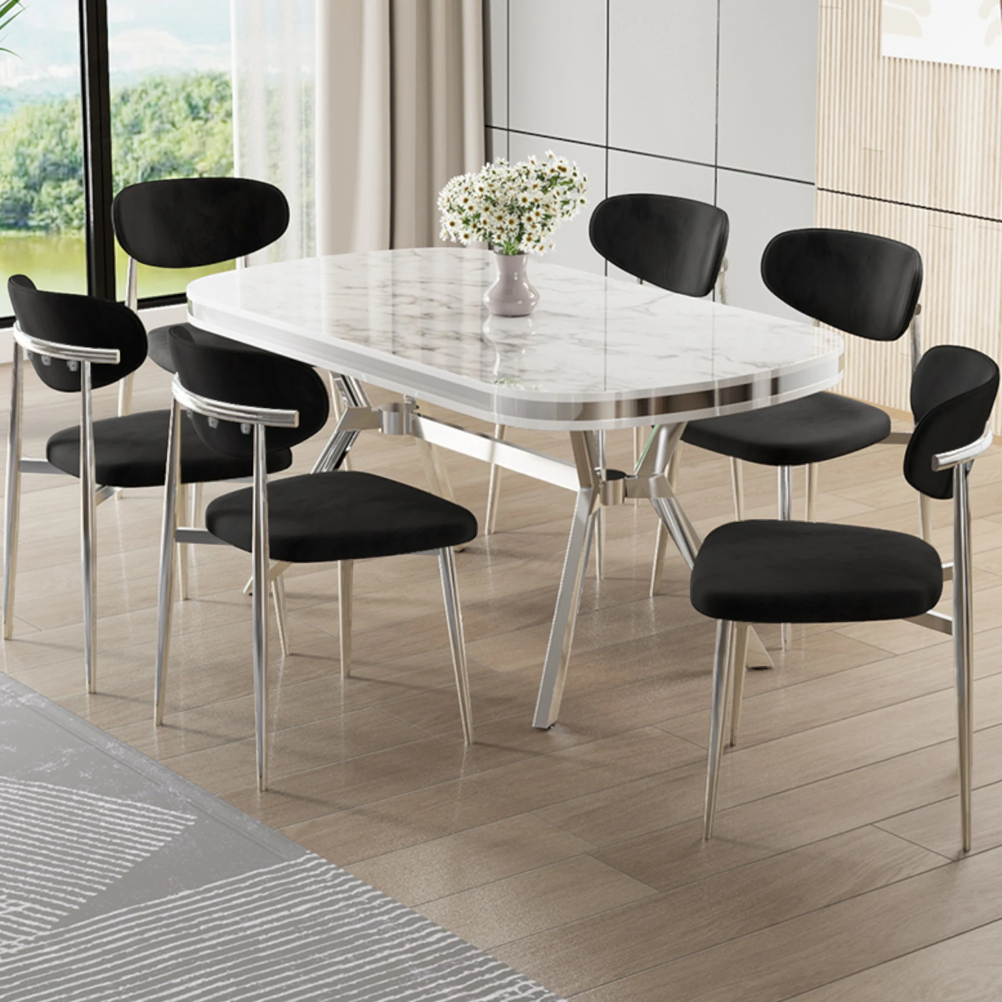 Beyaz Mermer Desen Masa Siyah Sandalye Krom Ayak