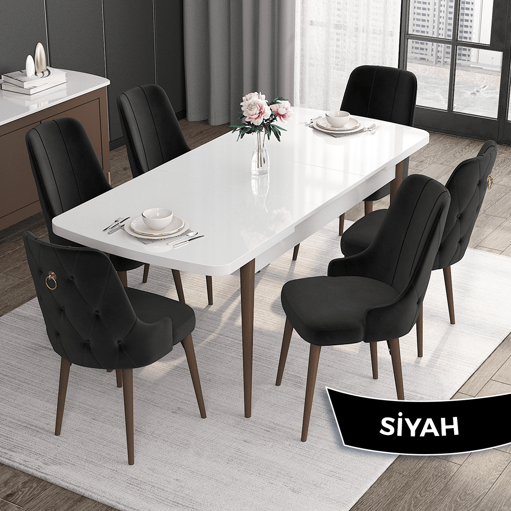 beyaz masa ceviz ayak sandalye siyah