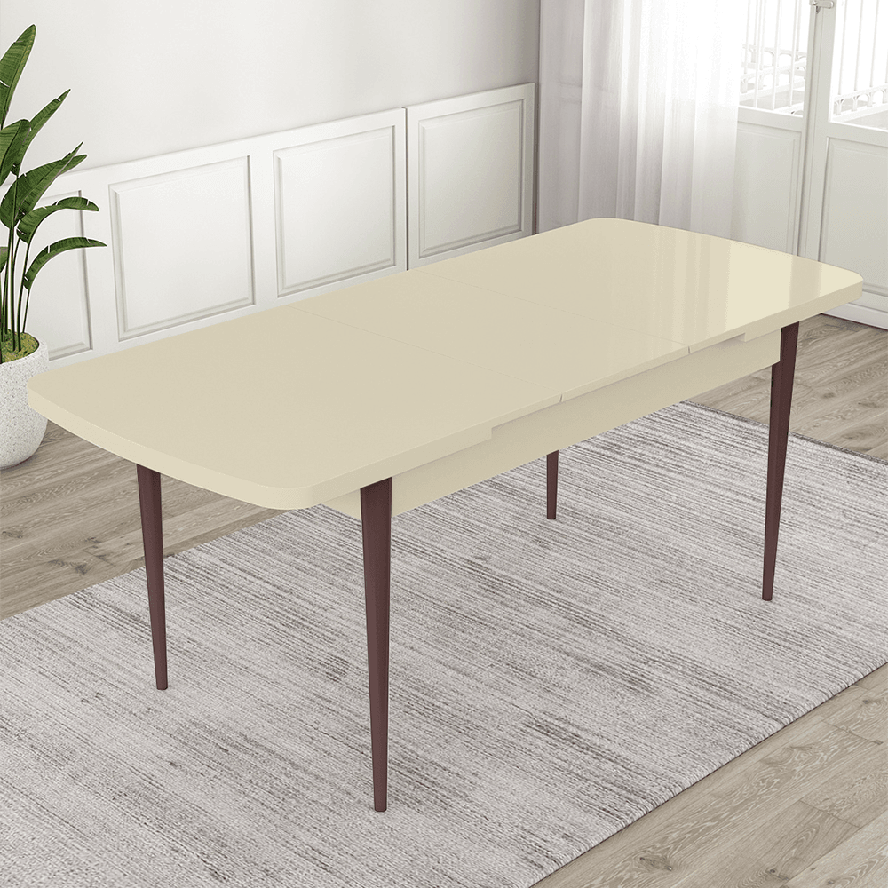 Roz Serisi 80x132 Mdf Açılabilir Gold Halka Krem Masa Ceviz Ayak Masa Takımı Ve 6 Sandalye