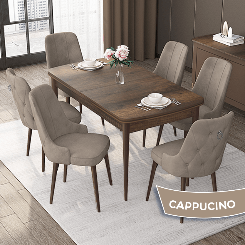 Nex Serisi 80x132 Mdf Açılabilir Gümüş Halka Barok Ahşap Desen Masa Takımı Ve 6 Sandalye
