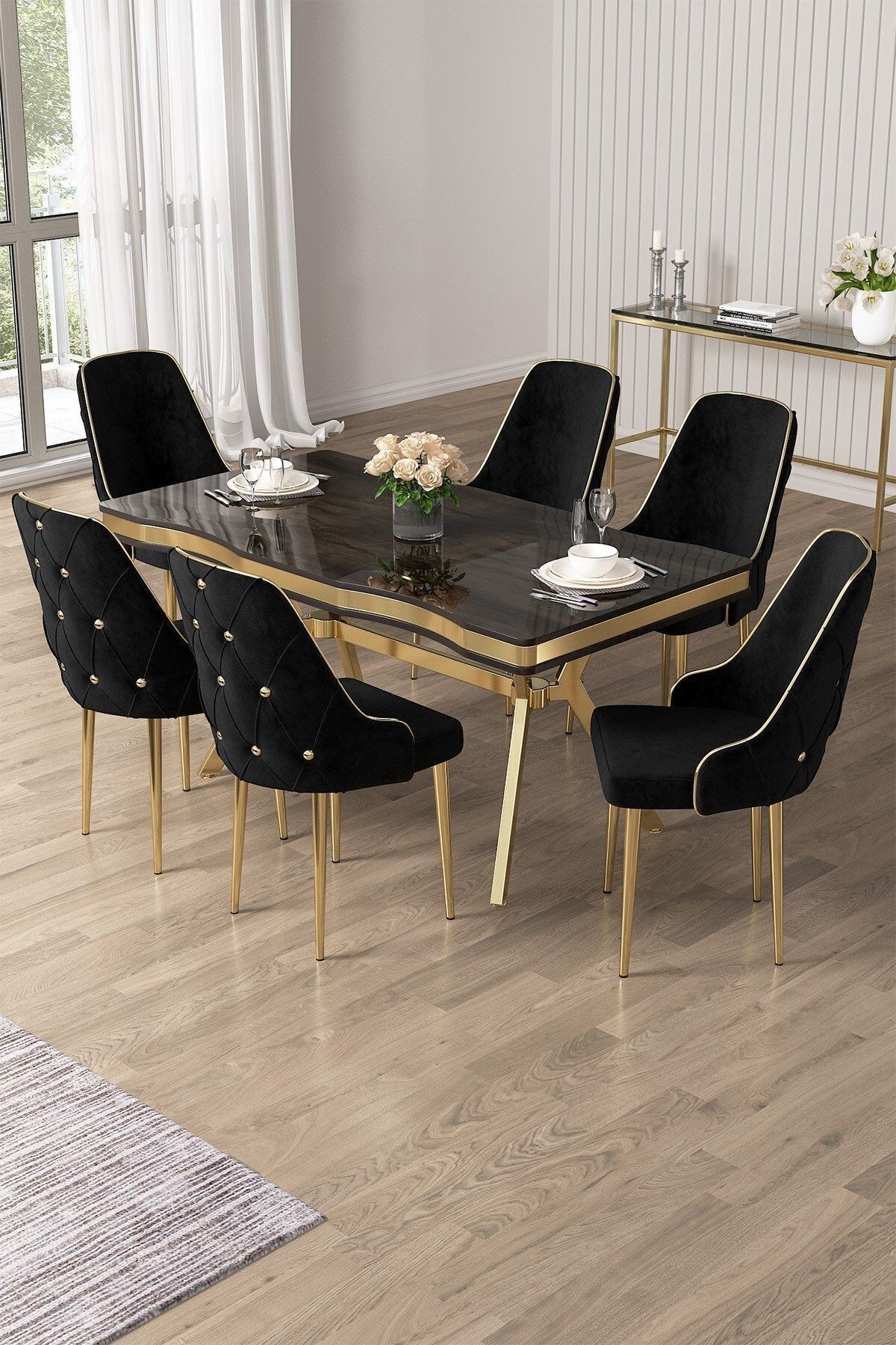 Vae Serisi 90x160 Lak Panel Antrasit İroni Masa ve 6 Sandalye Gold Kaplama Ayak
