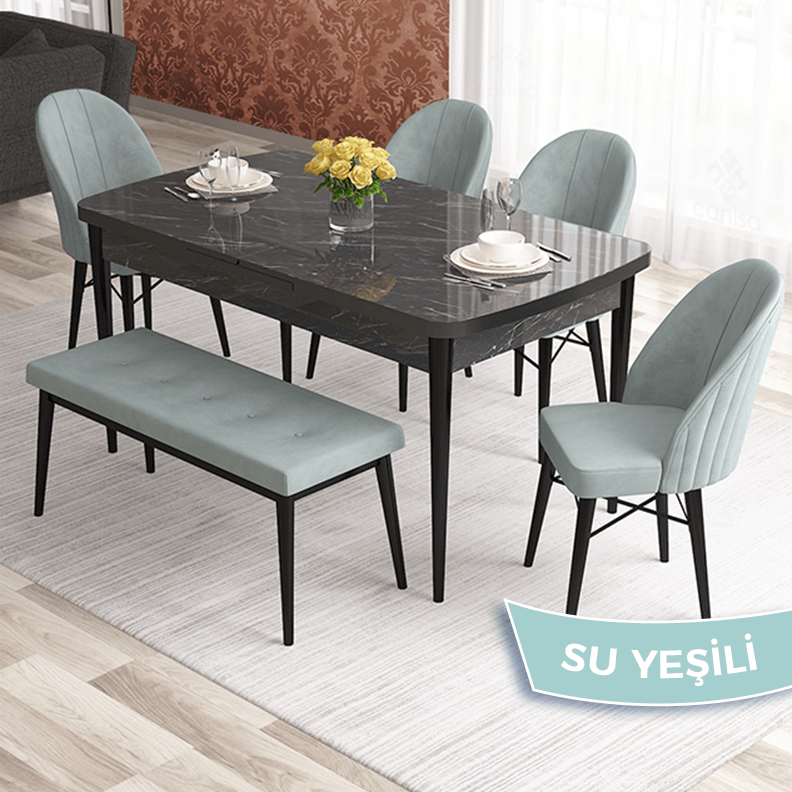 Masa Siyah Mermer Desen Sandalye Su Yeşili