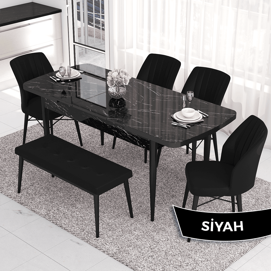 masa siyah mermer desen sandalyeler ve bench siyah