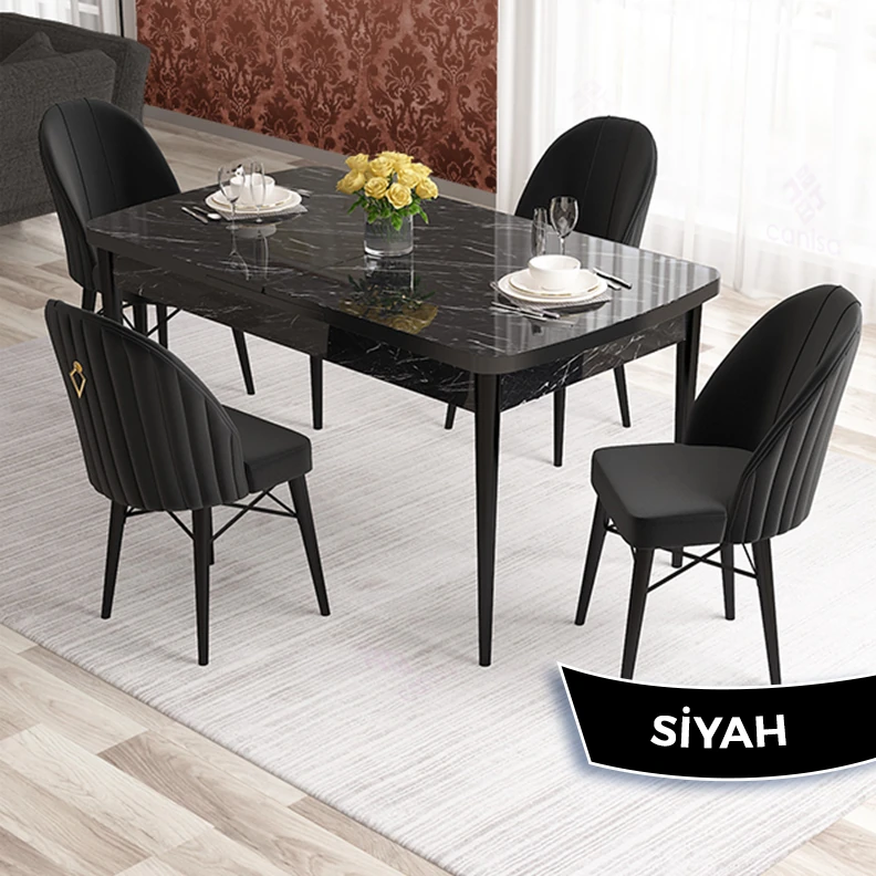 Siyah Sandalye Siyah Mermer Desen Masa
