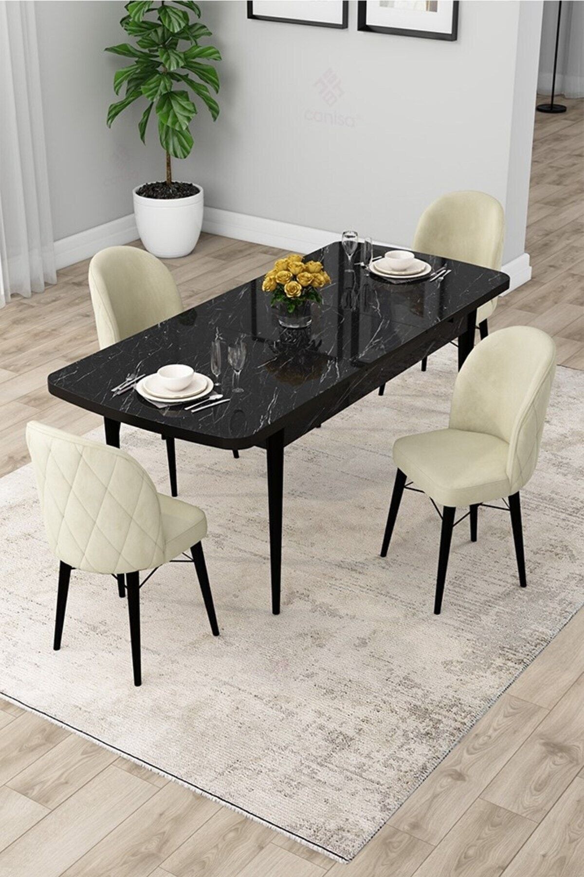 Rut Serisi 80x132 Açılabilir Siyah Mermer Desen Masa Takımı Ve 4 Sandalye
