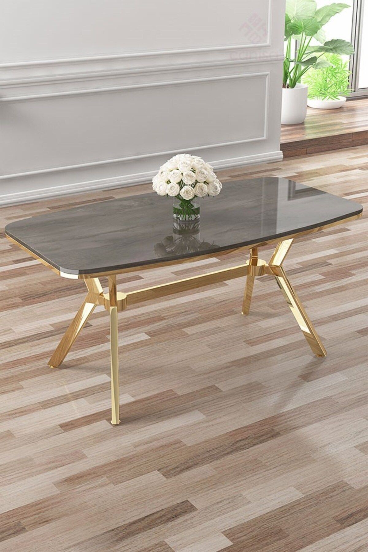 Esla Serisi 90x160 Lak Panel Antrasit İroni Masa ve 6 Sandalye Gold Kaplama Ayak