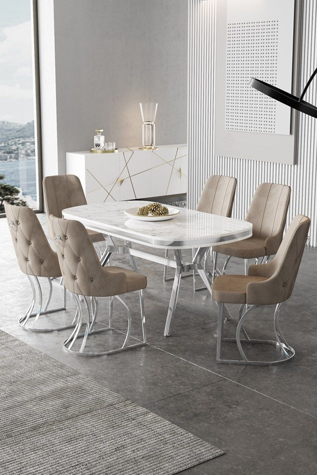 Sandalye Cappucino Masa Beyaz Mermer Desen