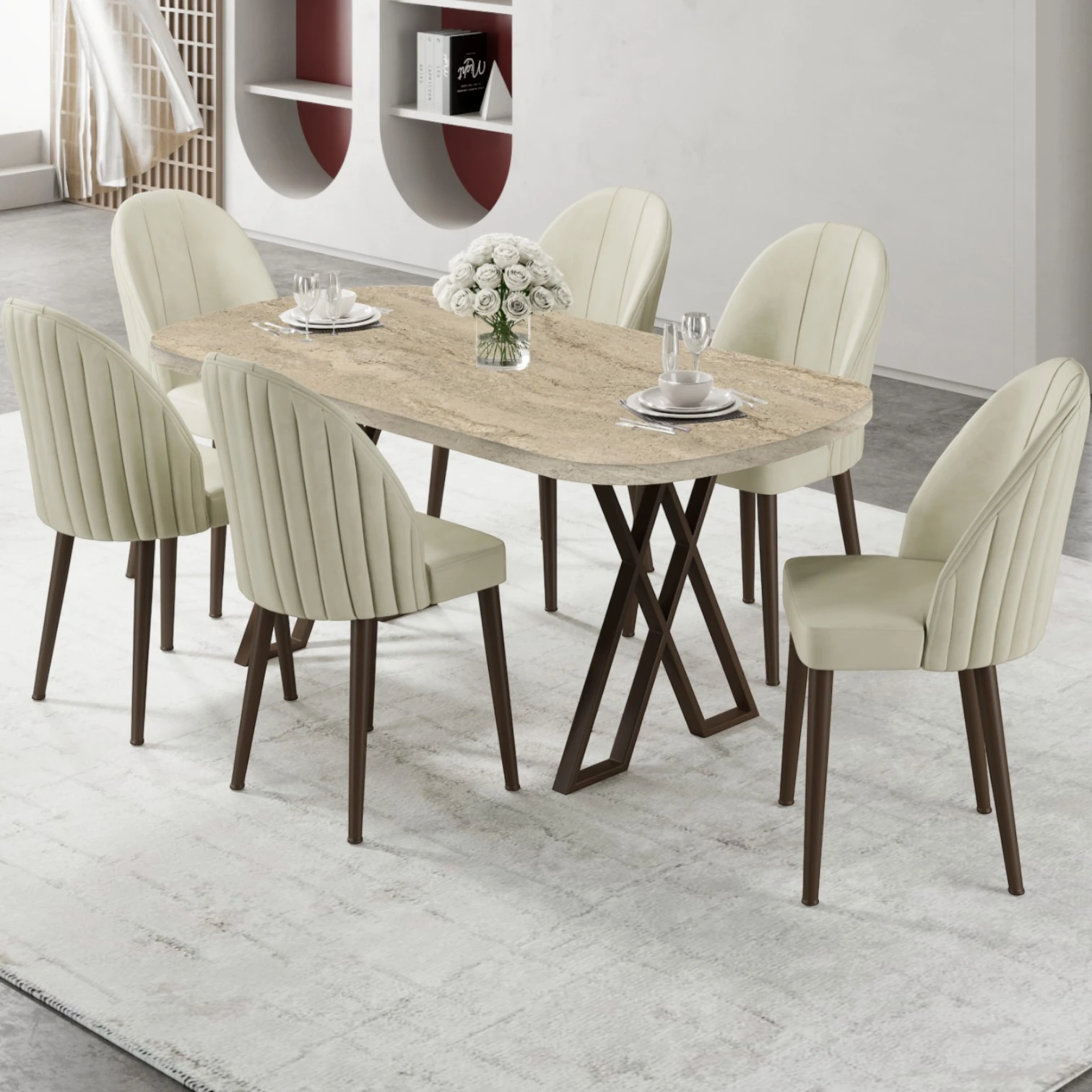 Traverten masa Krem Sandalye