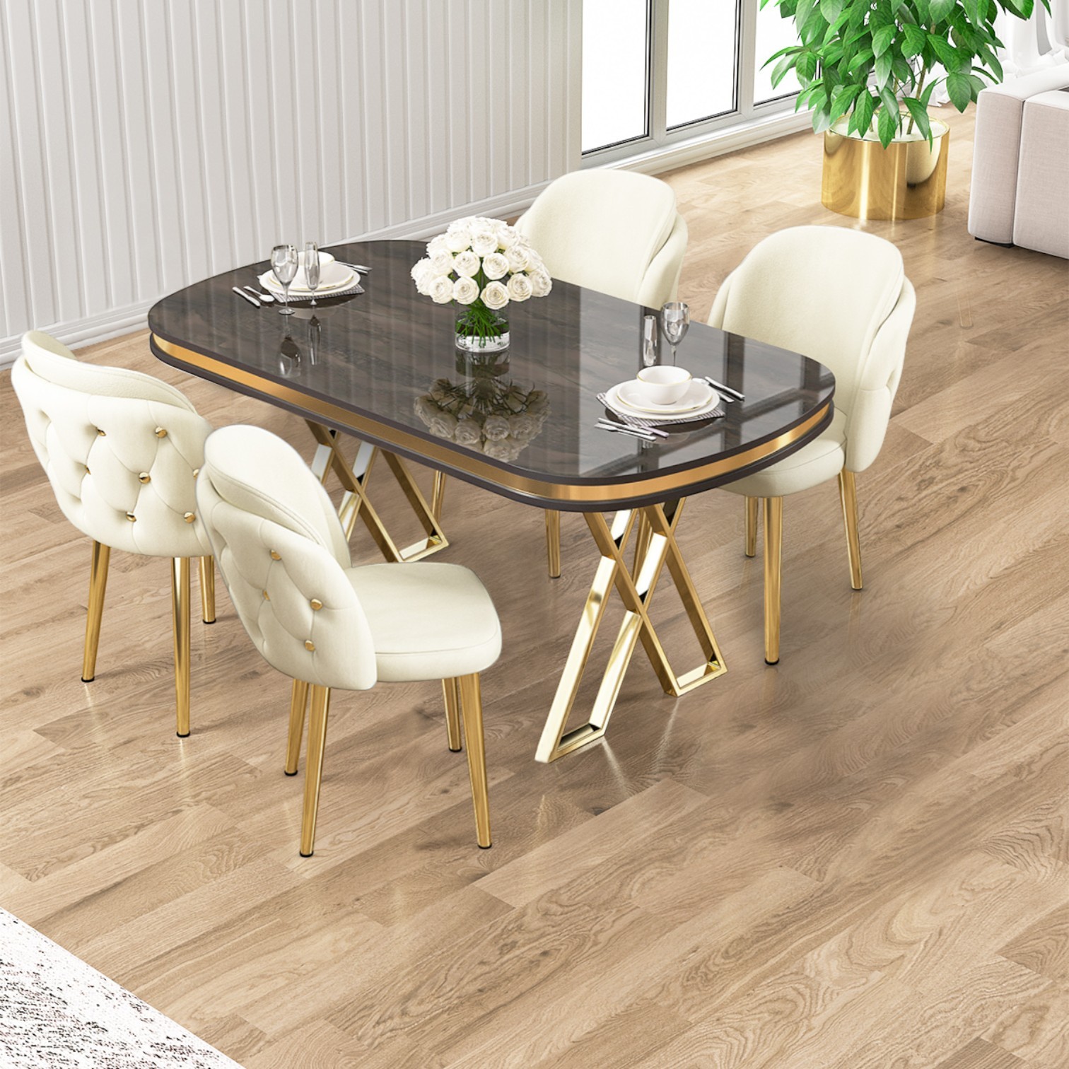 Zae Serisi 90x168 Lak Panel Antrasit Ironi Gold Ayak Masa Takımı 4 Sandalye