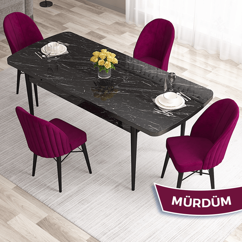 Ves Serisi 80x132 Açılabilir Mdf Siyah Mermer Desen Masa Takımı Ve 4 Sandalye