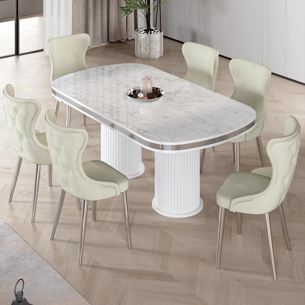 Beyaz Mermer Desen Masa Krem Sandalye