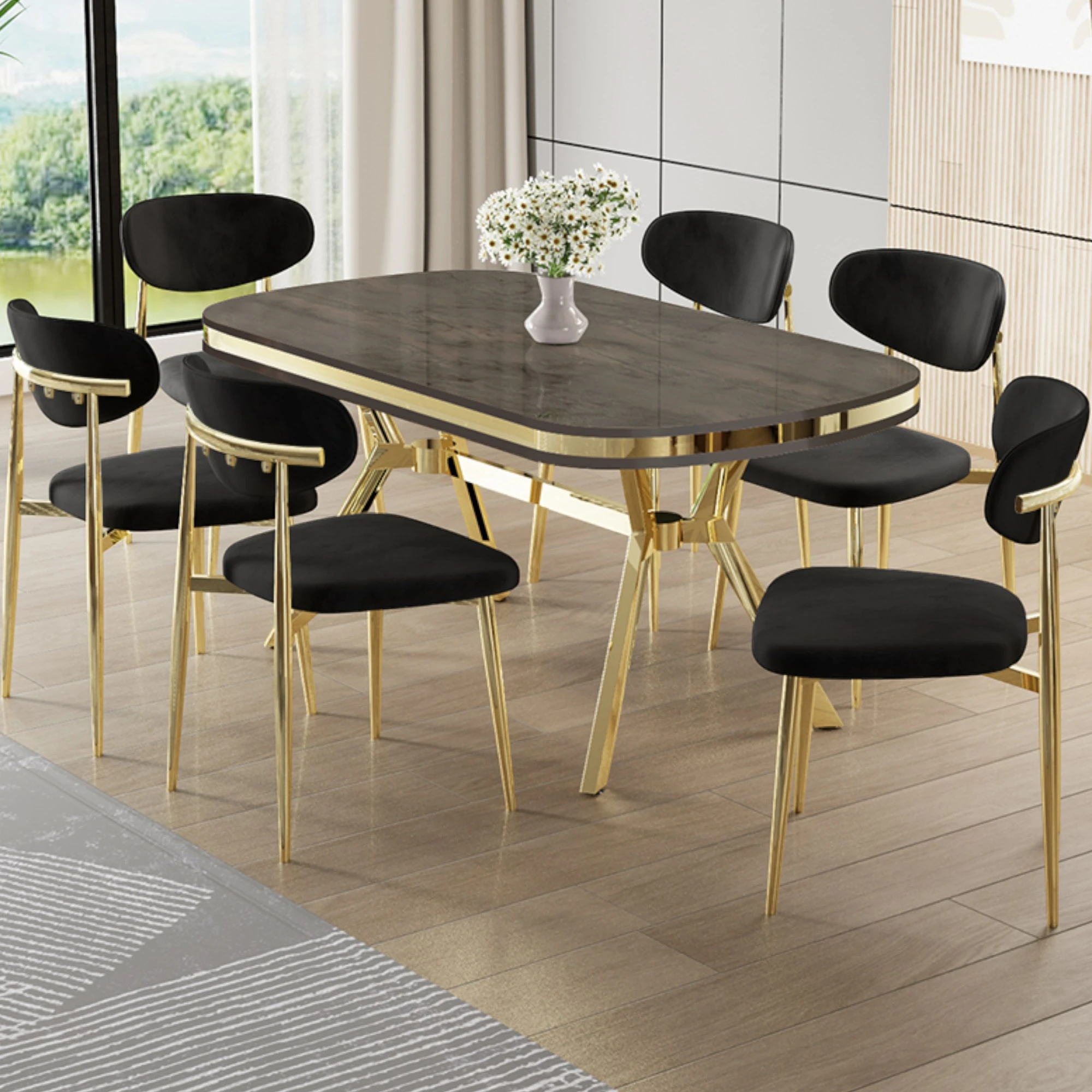 Olya Serisi 90x168 Lak Panel Antrasit İroni Masa Takımı Gold Ayaklı 6 Sandalye